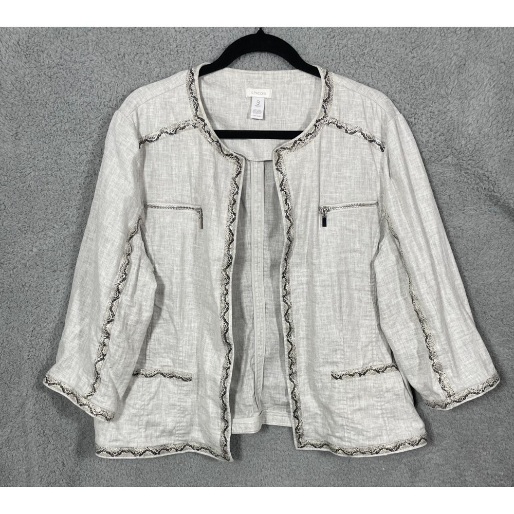 Chico's Linen Blend Blazer Jacket Women 3 Gray Faux Snake Skin Trim Career Party
